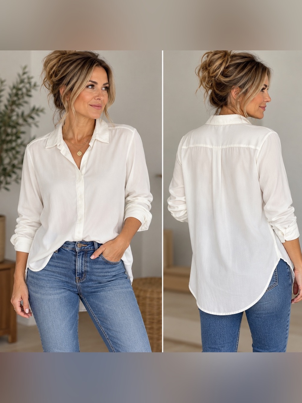 Anthropologie Cloth & Stone White Tencel Button Front High Low Shirt M